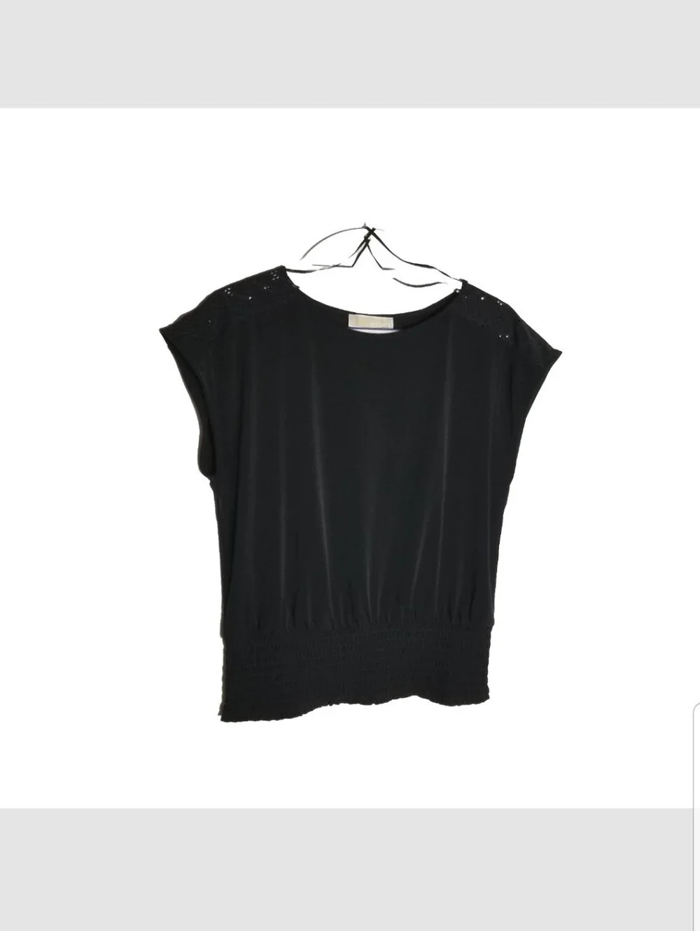 Michael Kors Top Women's Medium Black Ruched Waist Embroidered Shoulders Blouse